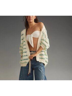 Maeve Open Front Cocoon Cardigan Sweater Knit Blue White Small Oversized
